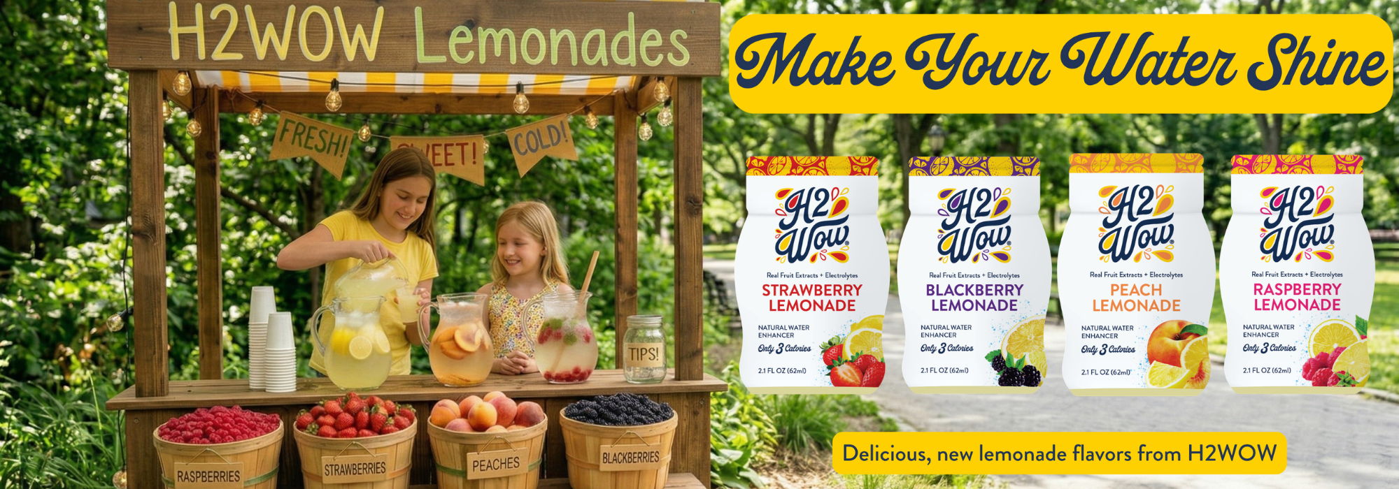 h2wow lemonade. make your water shine. delicious, new lemonade flavors from H2WOW