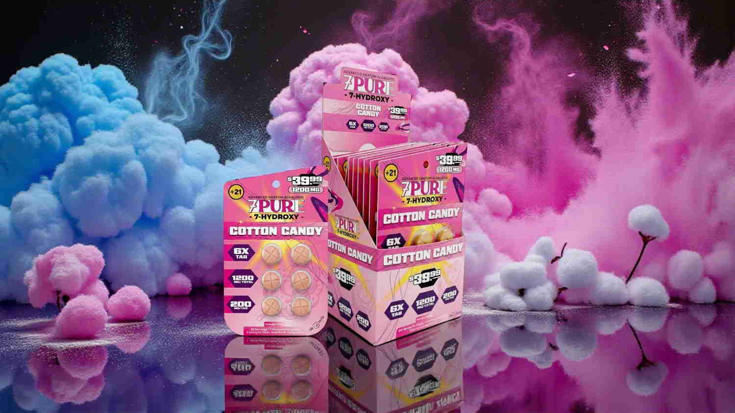Colorful packaging of candy surrounded by pink and blue smoke.