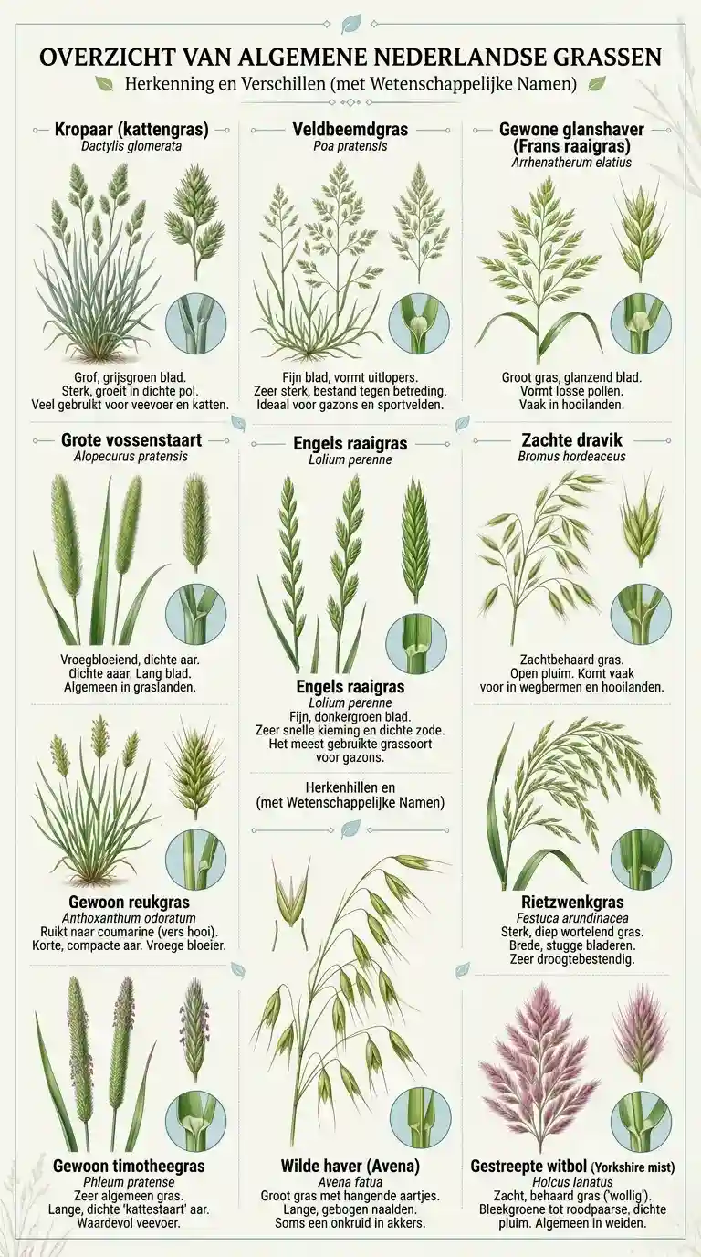 Infographic van een overzicht van algemene Nederlandse grassen