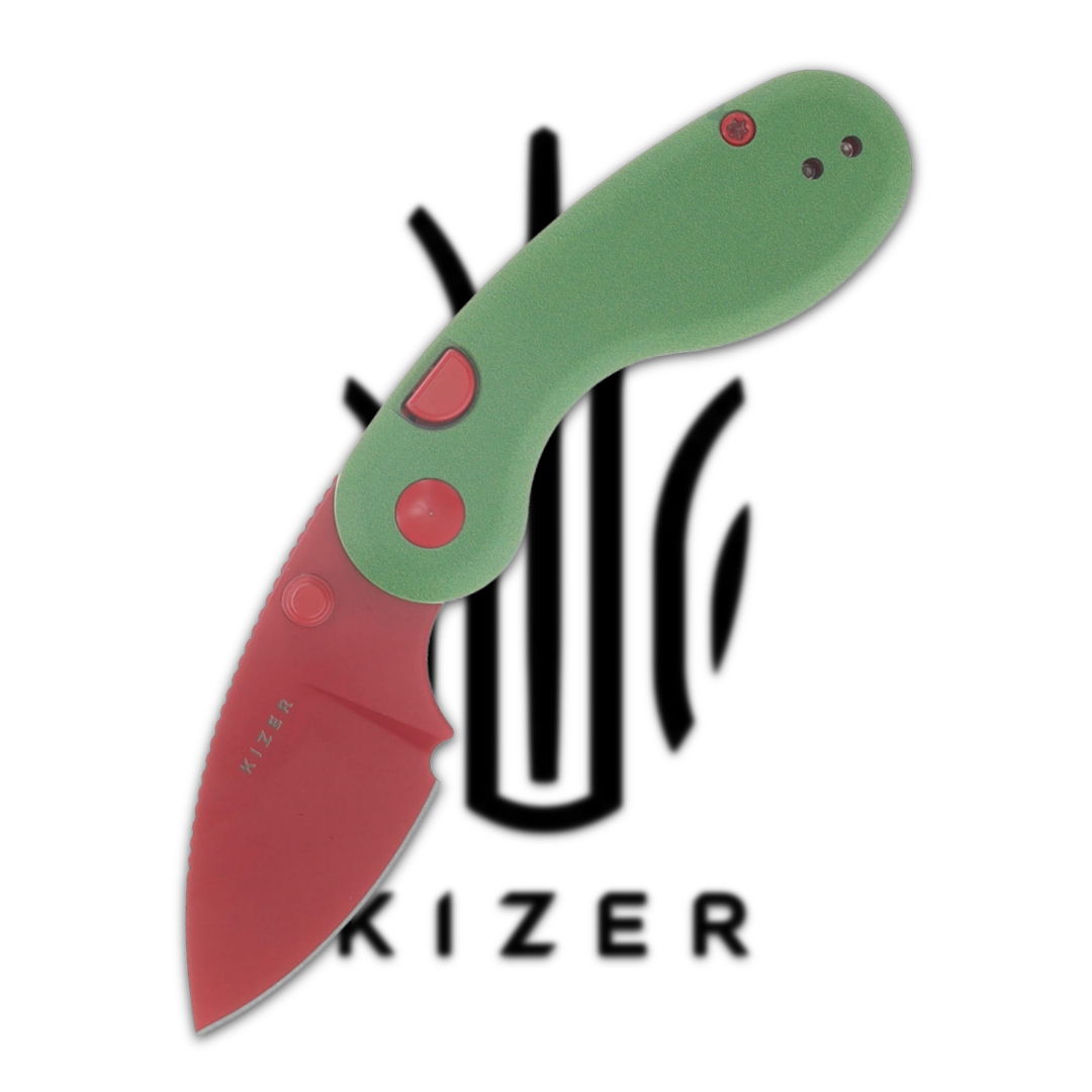 Green and red folding knife with Kizer logo in background.