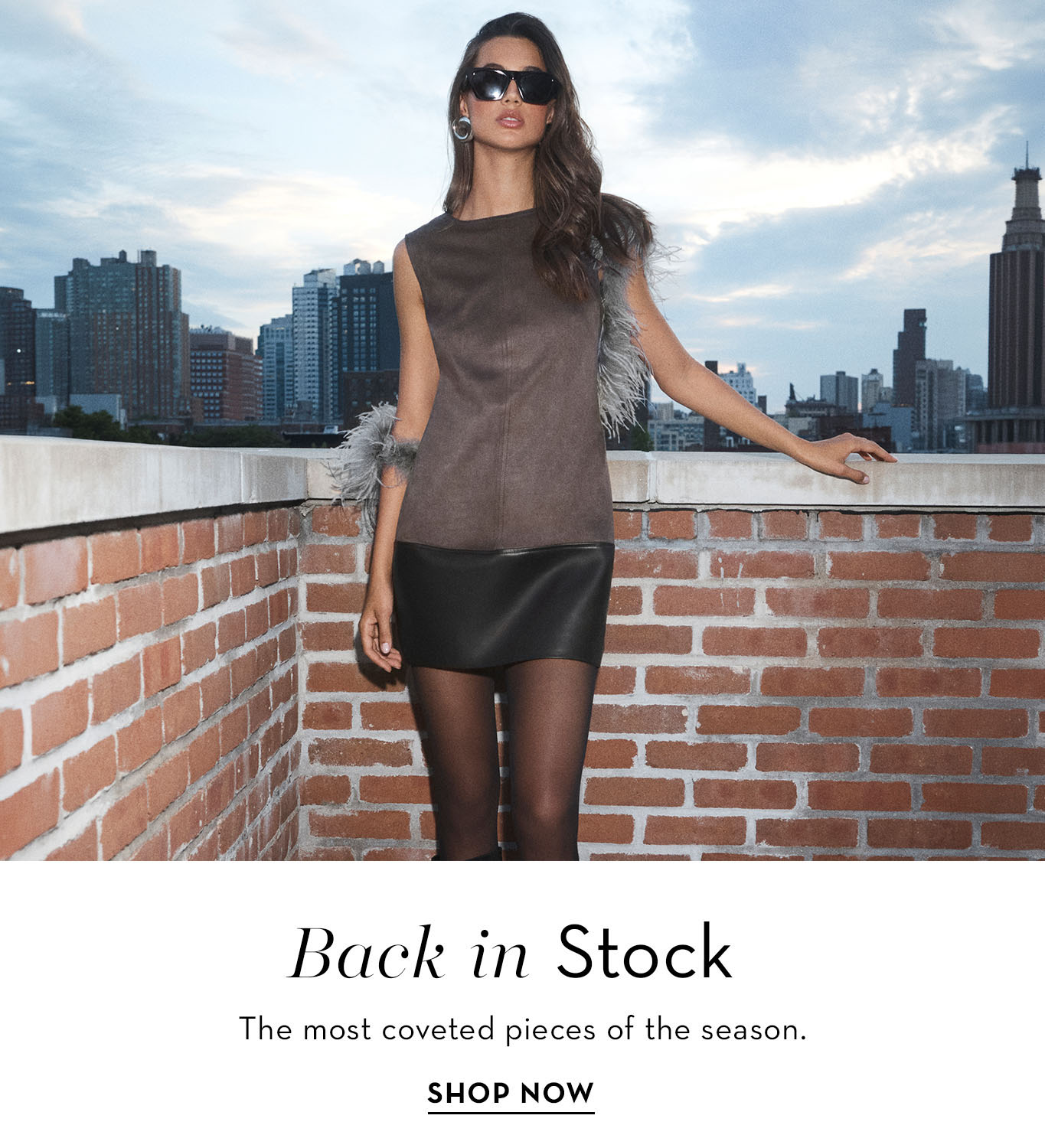 Woman in stylish outfit posing on a rooftop with city skyline background.