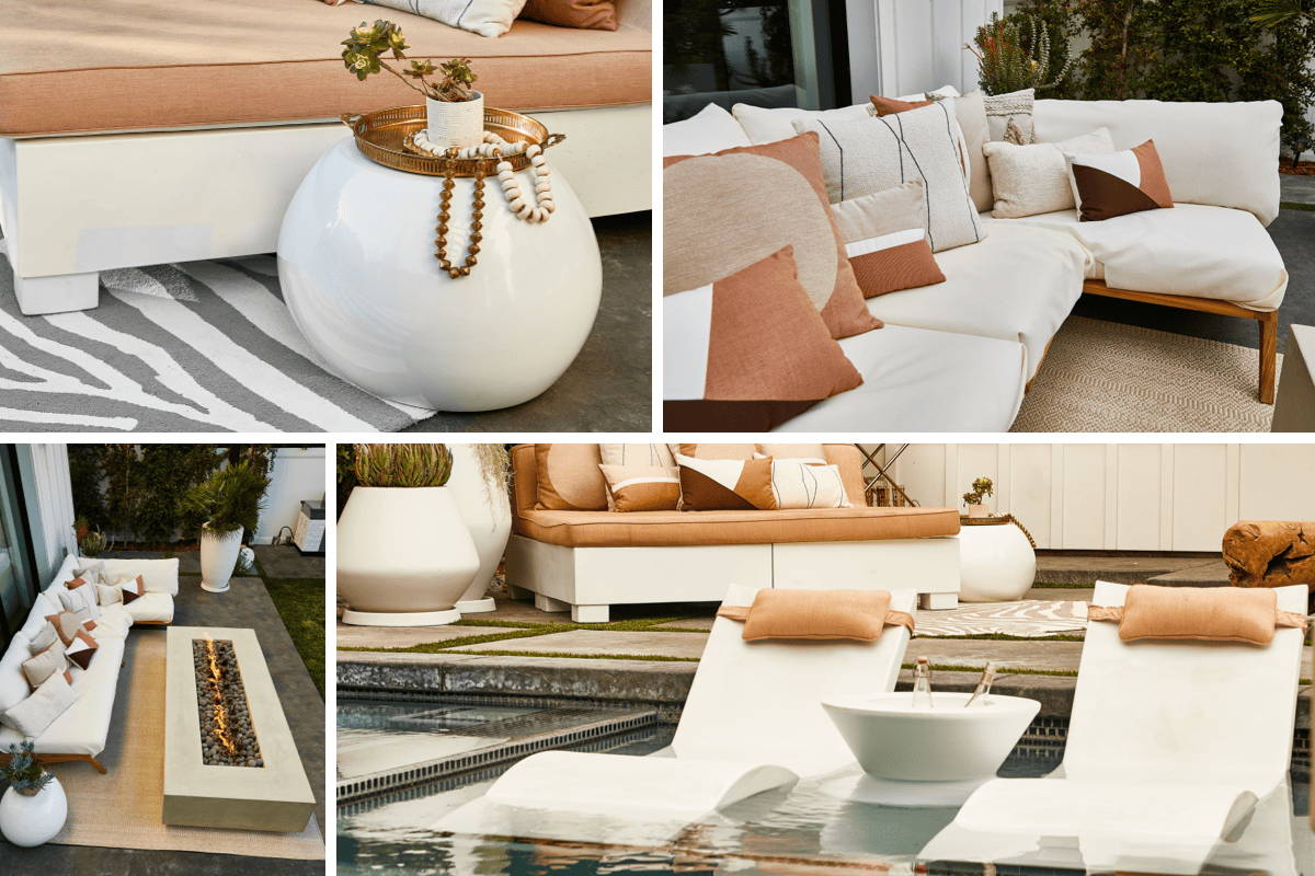 A moodboard style collage of outdoor furniture and accessories including in-pool loungers, fire pit, and sofa.