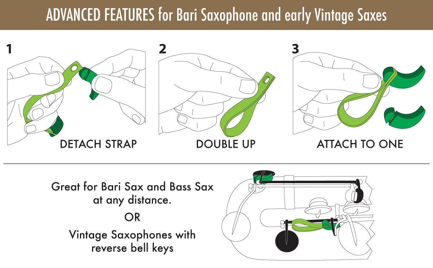 How to use Key Leaves sax key props on bari baritone saxophone, bass saxophone, or some early vintage saxophones. Remove strap, re-attach strap to one leaf, use at any distance.
