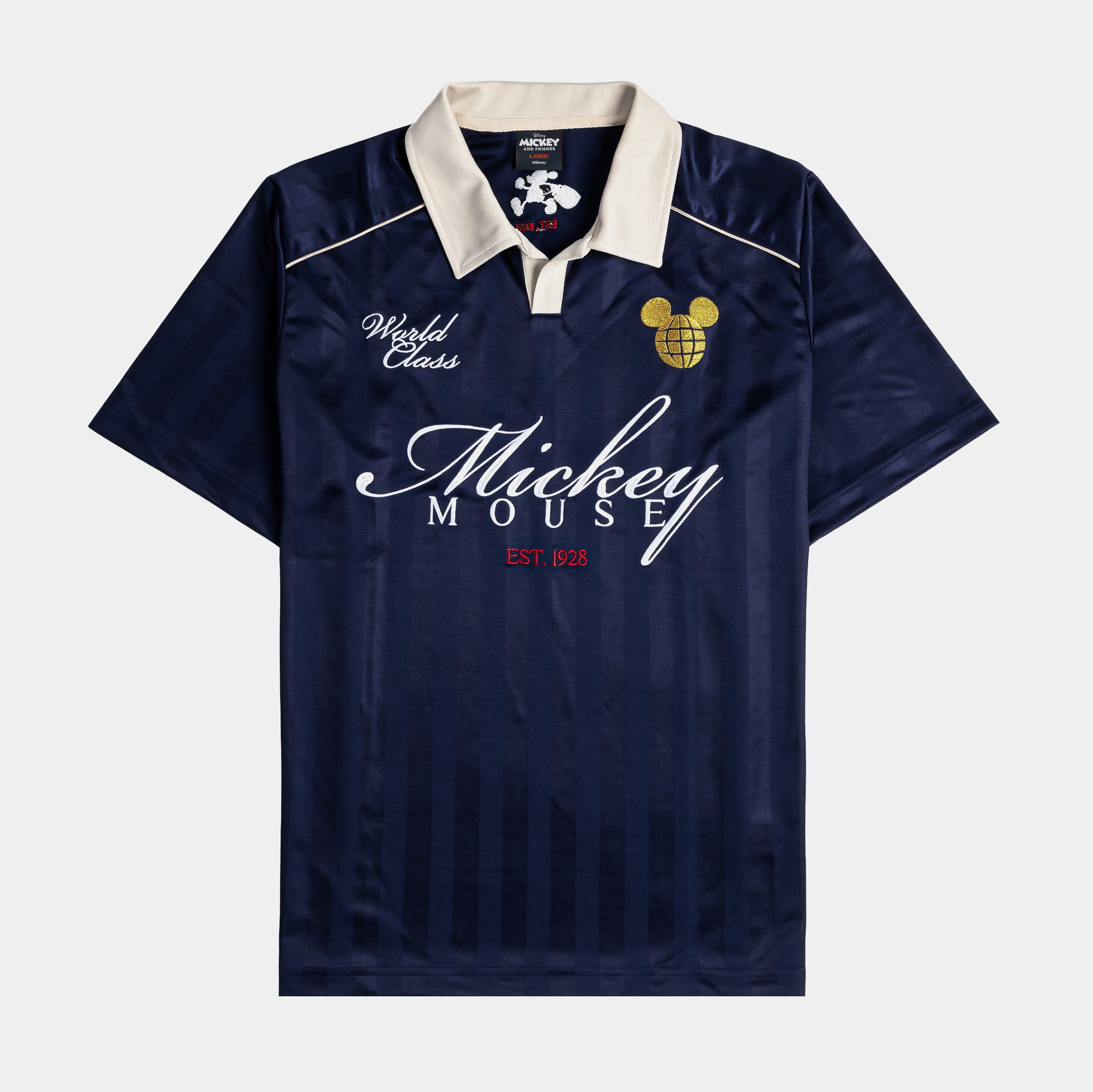 Navy blue polo shirt with Mickey Mouse design and logo.