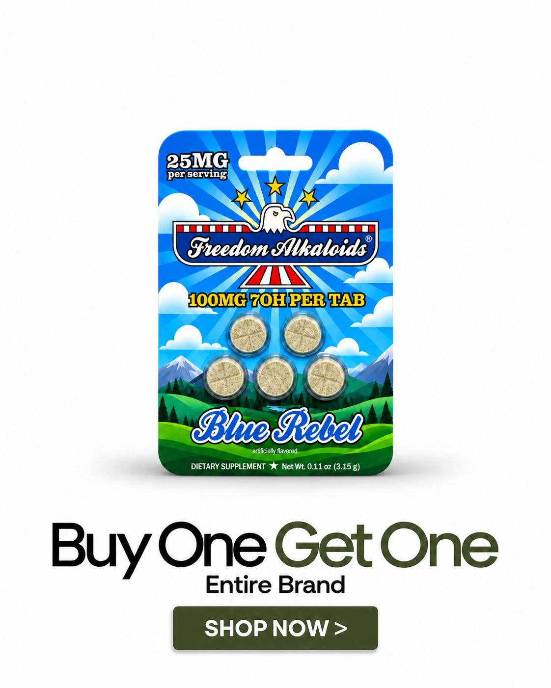 Freedom Market 25mg THC tablets, Blue Rebel, BOGO promotion.
