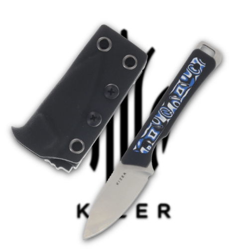 Knife with a black handle and sheath, branded with 