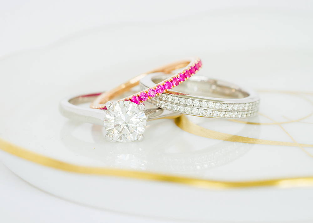 Diamond Engagement ring and Diamond and Pink Sapphire Bands
        class=