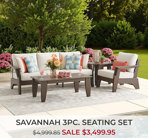 Savannah 3-piece seating set on sale with decorative pillows and a table.