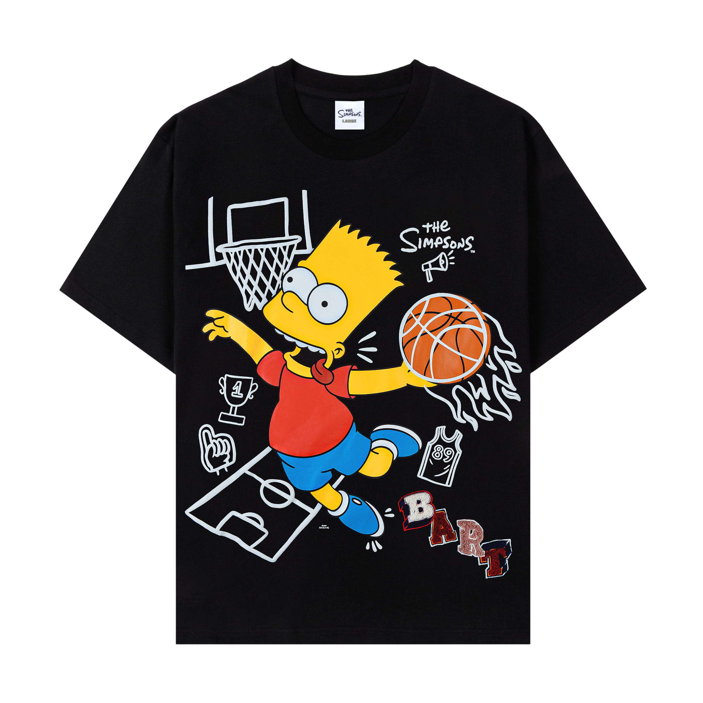 Black t-shirt featuring Bart Simpson playing basketball with various graphics.