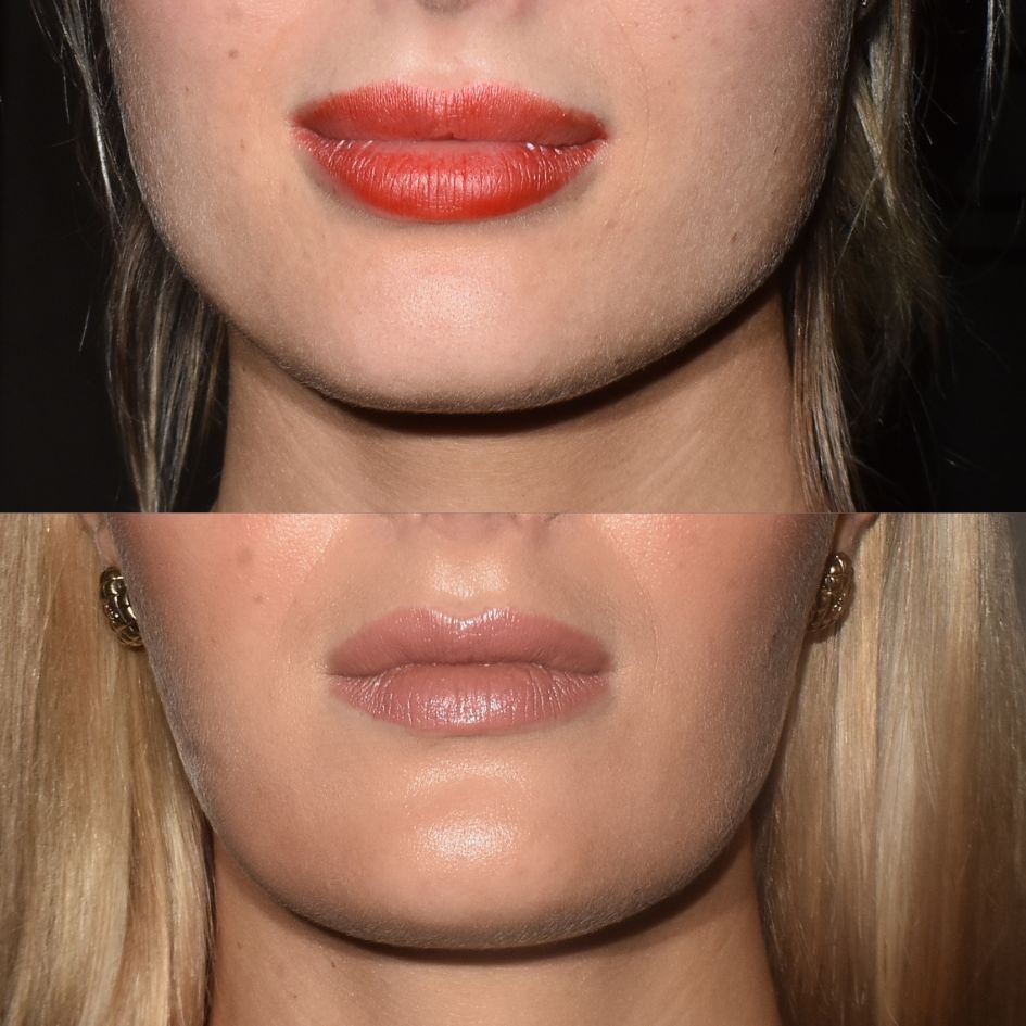 Comparison of two lip colors on a model's face.
