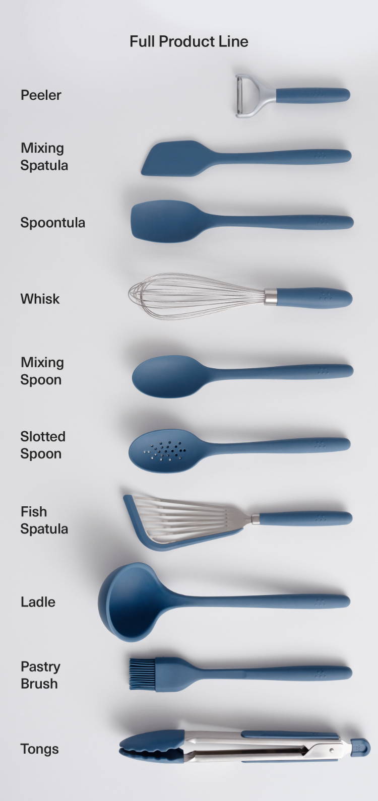 A Blue Misen 10-Piece Prep Tool Set including Tongs, Pastry Brush, Ladle, Fish Spatula, Slotted Spoon, Mixing Spoon, Whisk, Spoontula, Mixing Spatula, and Peeler.