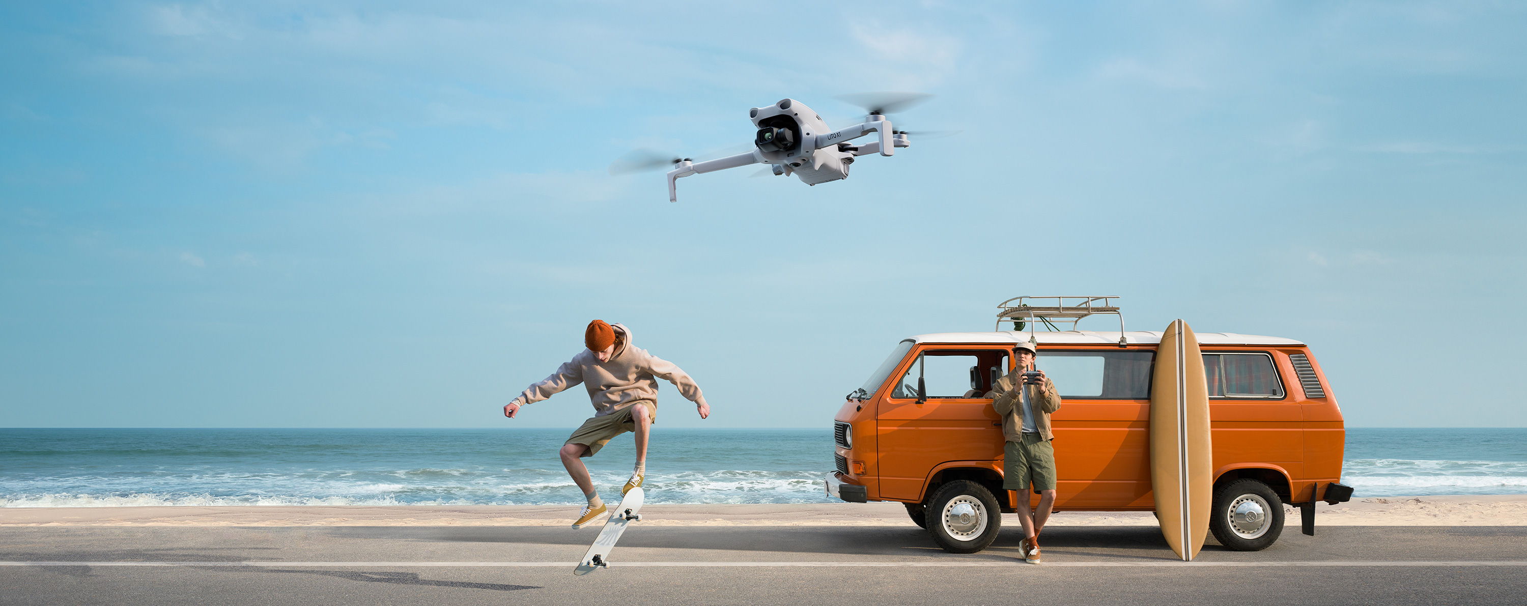 A DJI Lito X1 flies about a skateboarder while a person standing against a van flies the drone