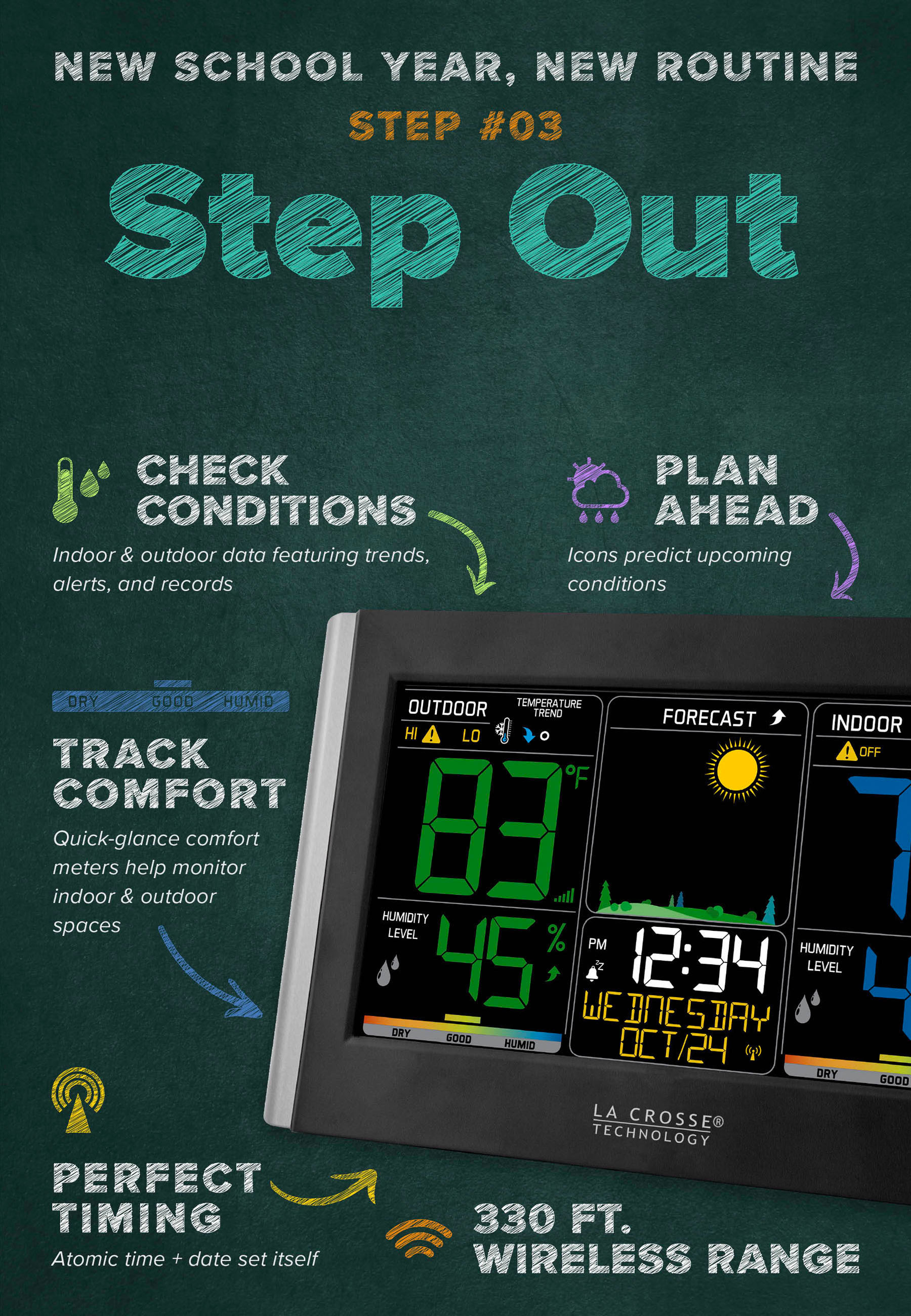 New School Year, New Routine - Step 3: Step Out - Featuring a digital color weather station and its unique features.