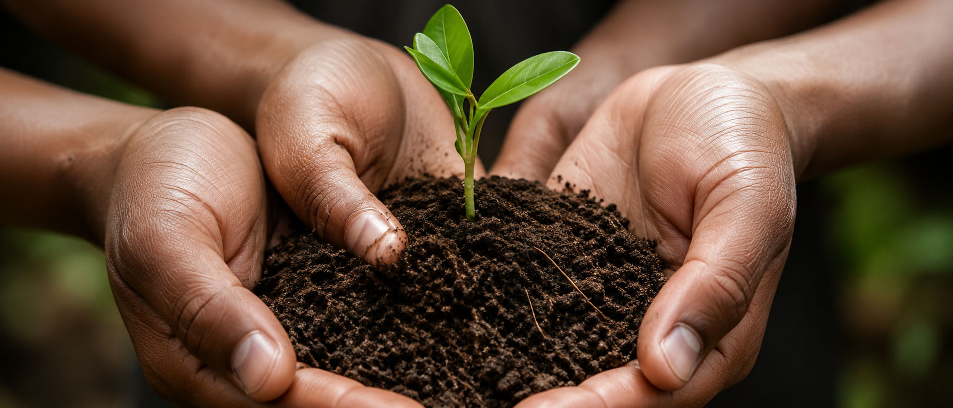 Two hands holding soil with a small green plant sprouting.