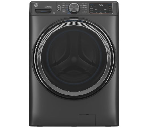 Front view of a modern black washing machine.