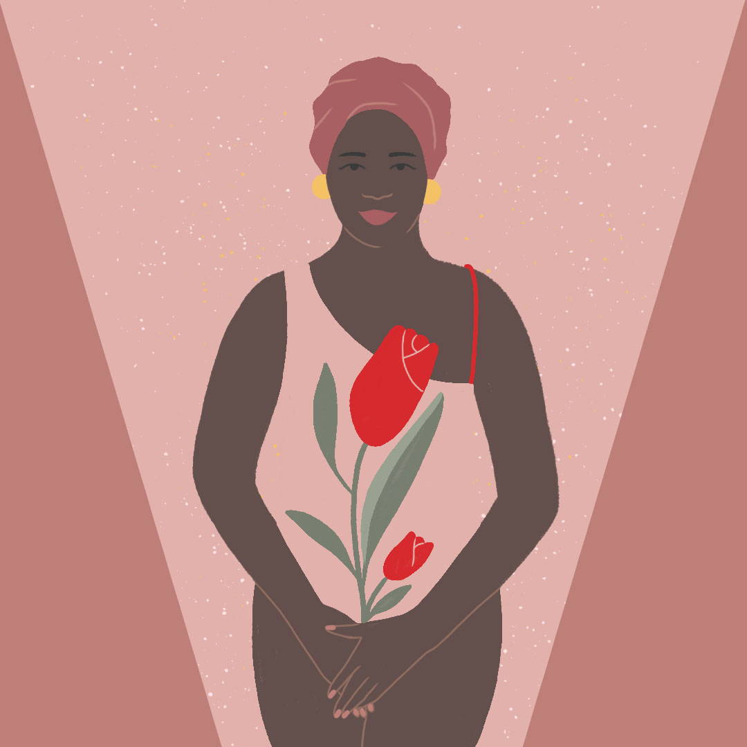 mulher negra segurando uma rosa simbolizando a limpeza pós-coceira na vagina