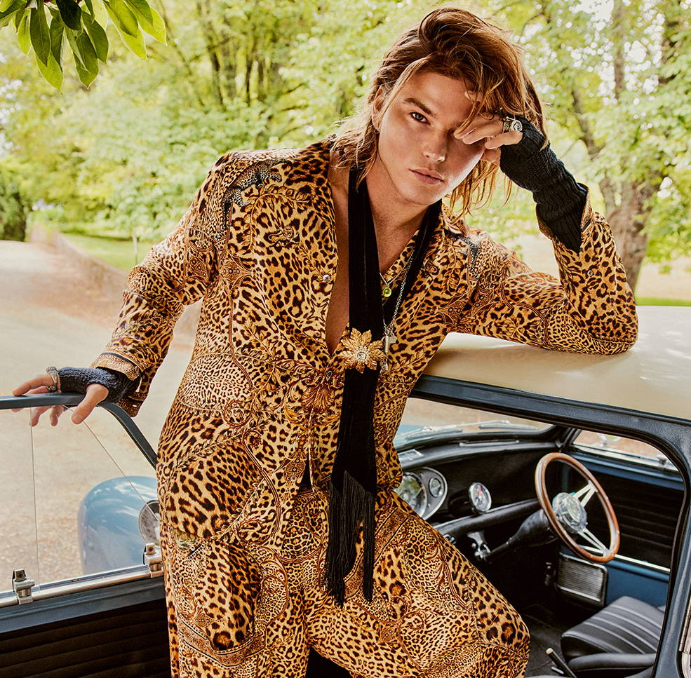 Jordan Barrett wearing CAMILLA leopard print shirt, camilla leopard print pants, camilla menswear