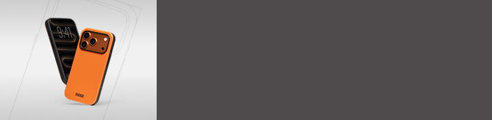 Two smartphone cases, one black and one orange, leaning against each other.