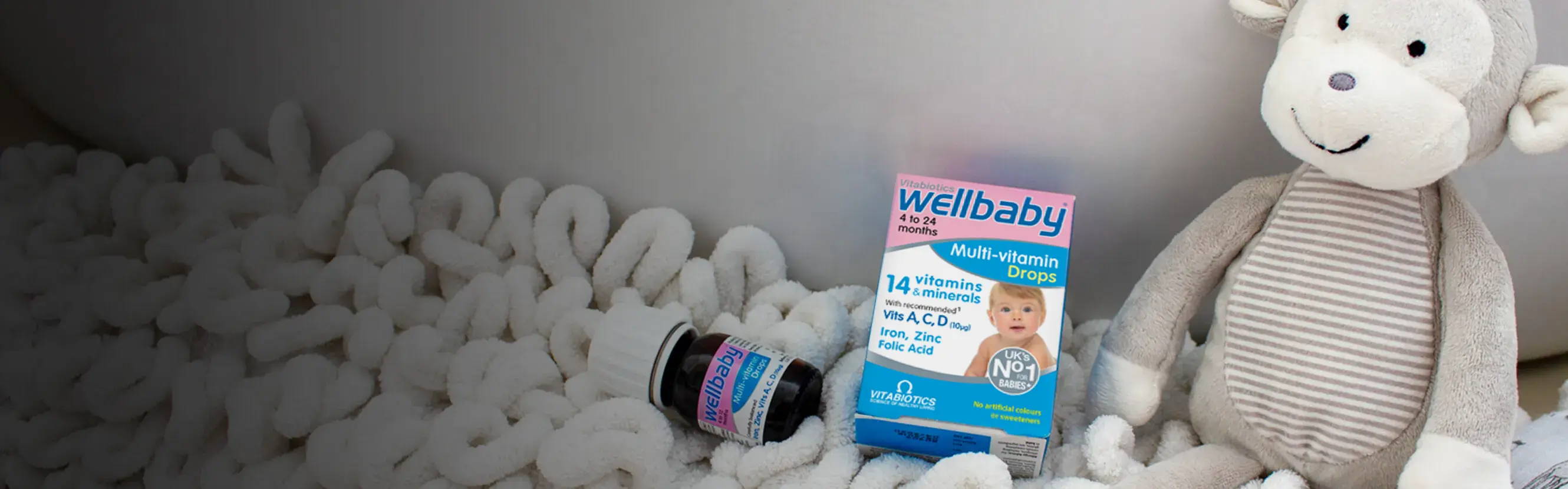  From rapidly developing bones to a curious little mind, all the incredible things your little one does depends on the right nutrition. Wellbaby Multi-vitamin Drops have been formulated by our experts to includes 14 key nutrients like iron which contributes to normal cognitive development of children and Vitamin D for normal growth and development of bones. 
