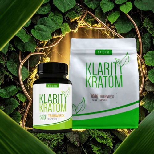 Klarity Kratom product packaging with a bottle and a pouch on green leaves.