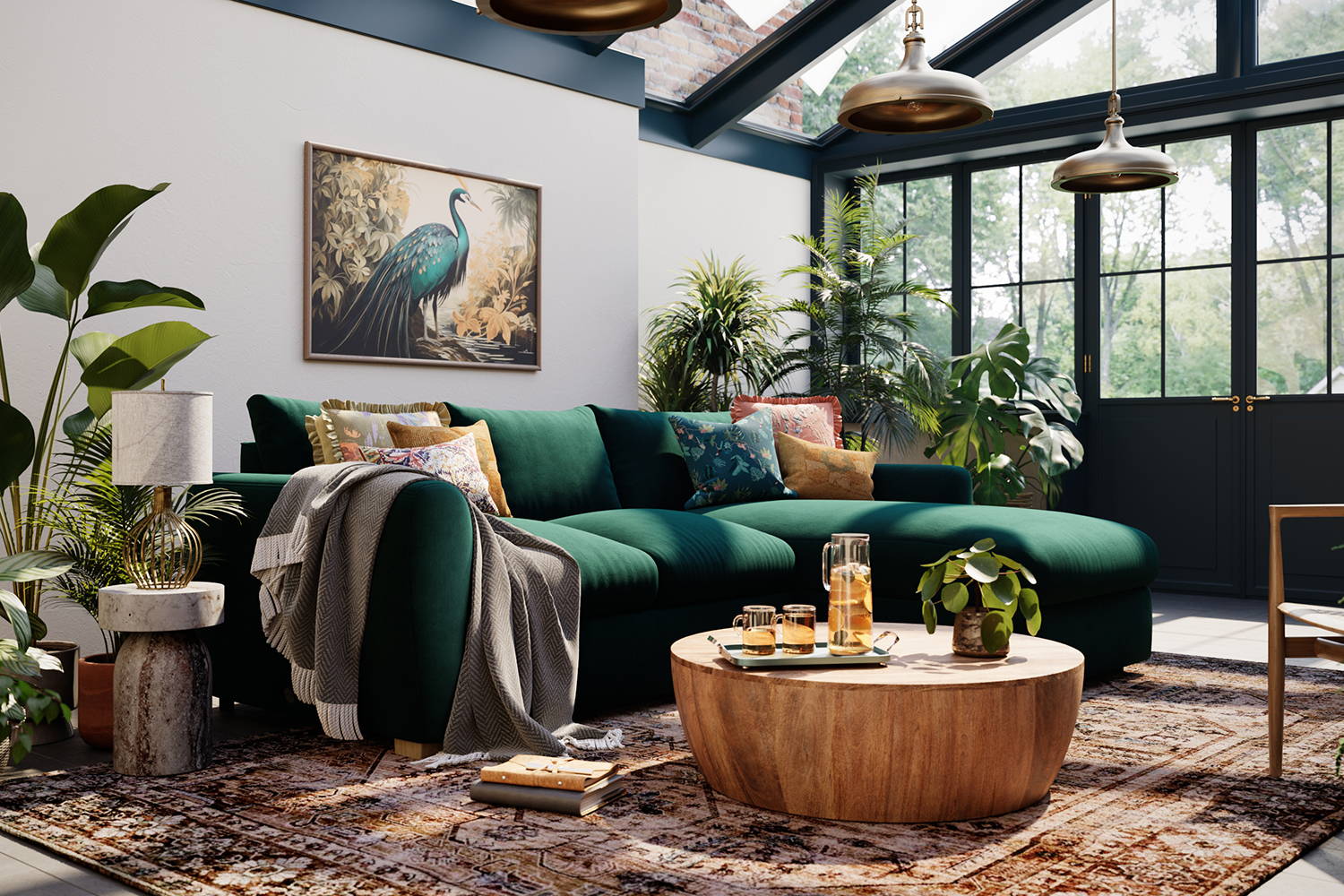 Pine Green Cloud Sundae Chaise corner sofa in a botanical decor living space