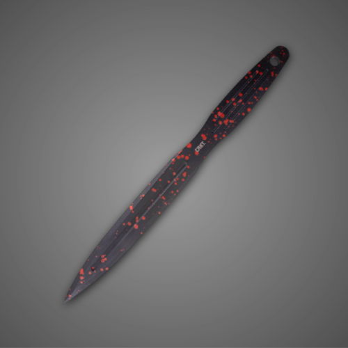 A sleek, dark knife with red speckles on a gray background.