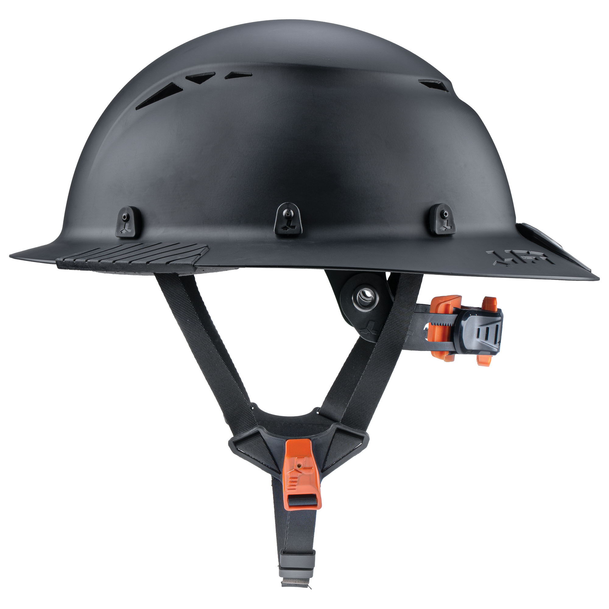 Black safety helmet with adjustable strap and ventilation holes.