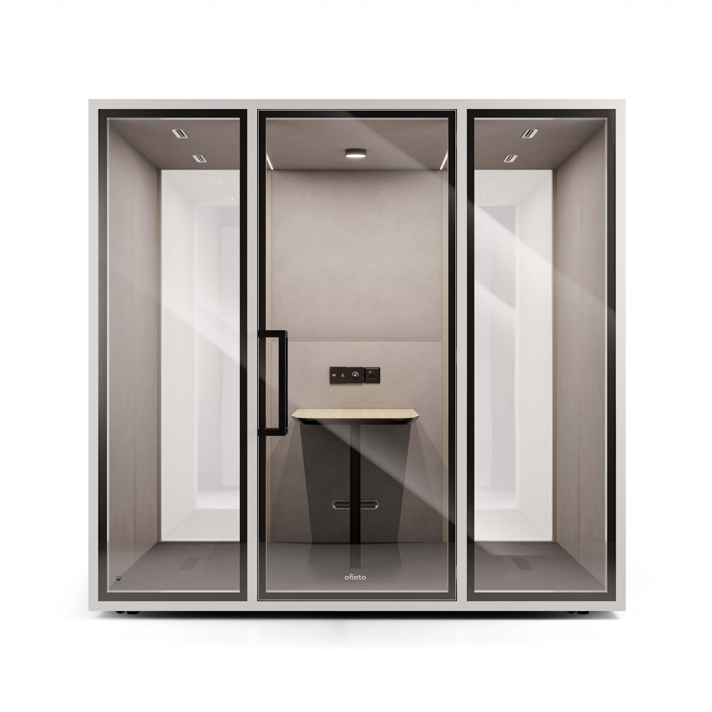 ofinto Focus Meet phone booth, viewed from the front, unfurnished, with an empty interior featuring a standing table and a power strip