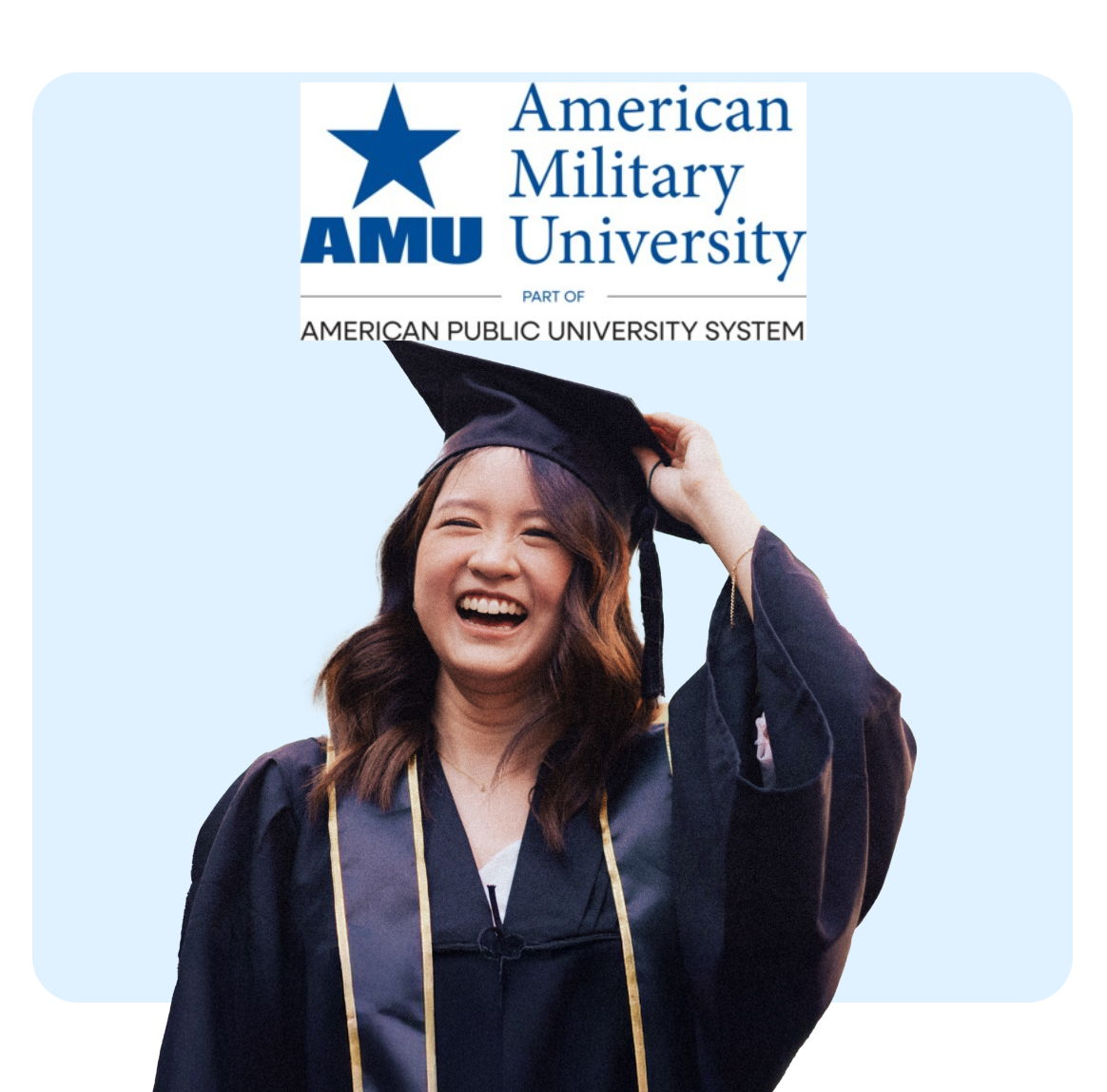 A joyful graduate in cap and gown celebrating at American Military University.