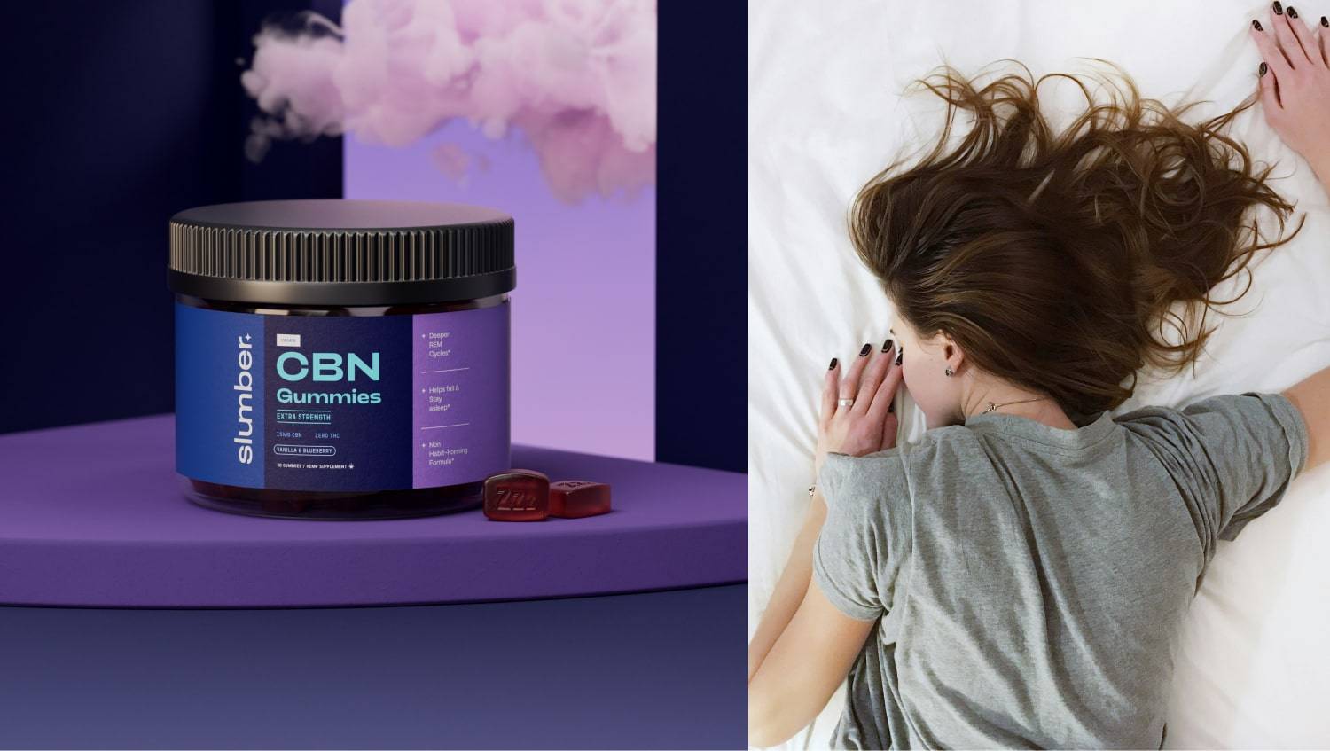 Slumber CBN Gummies supplement container with clouds of vapor in the background on the left; a woman peacefully sleeping on her back on the right, suggesting the sleep-enhancing benefits of the product.
