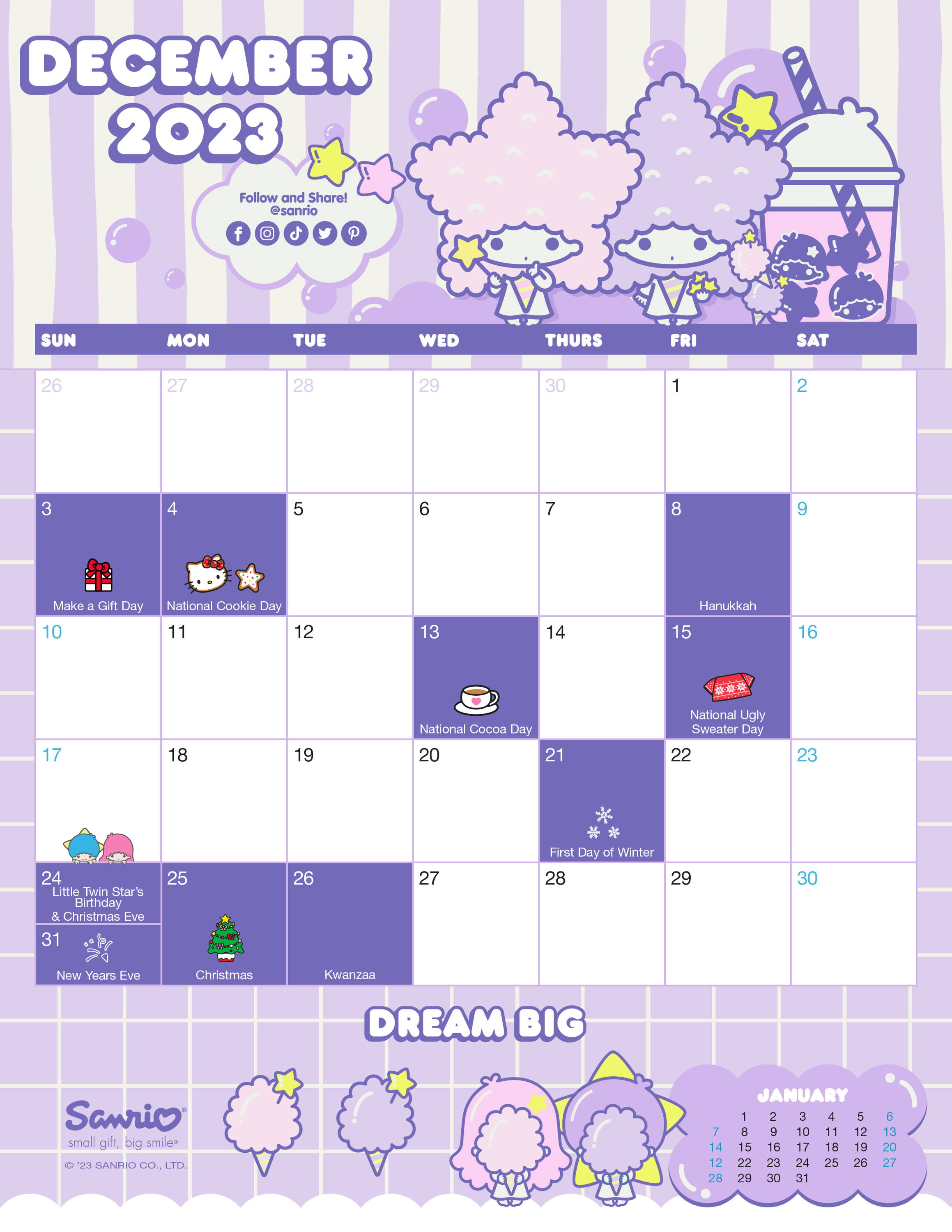 Sanrio Friend of the Month December 2023  Calendar featuring LittleTwinStars.. 