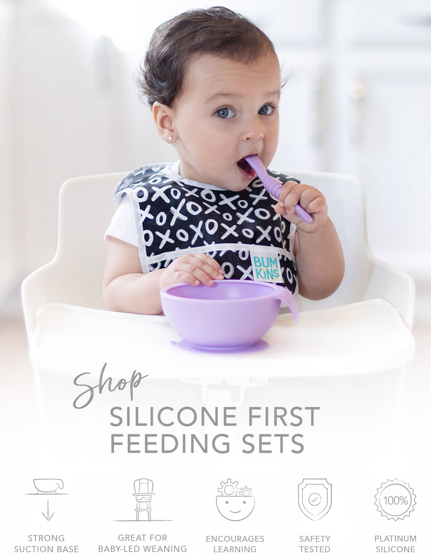 shop silicone first feeding sets, strong suction base, great for baby-led weaning, encourages learning, safety tested, platinum silicone