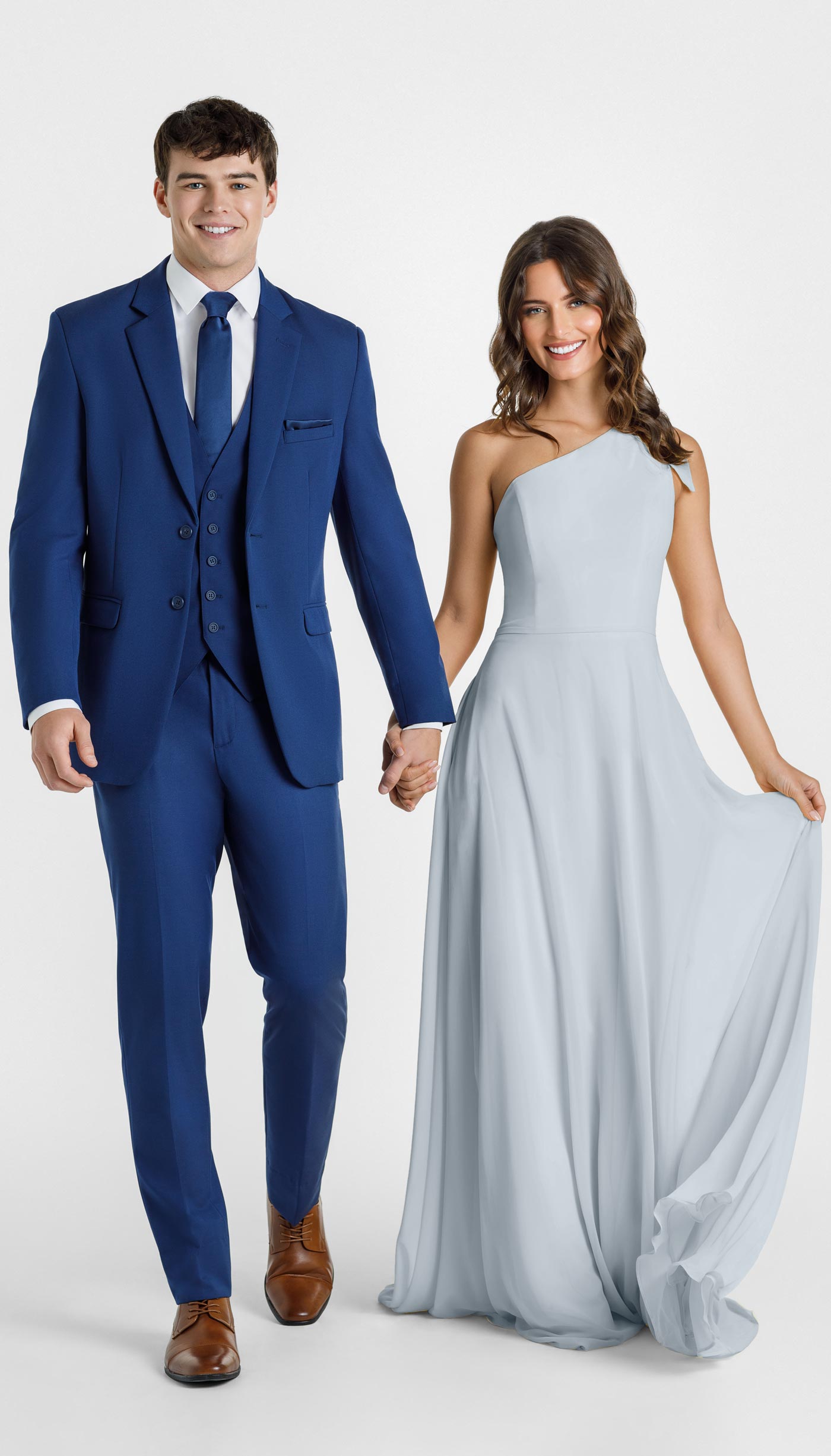 Indigo Suit with Fog Bridesmaid Dress