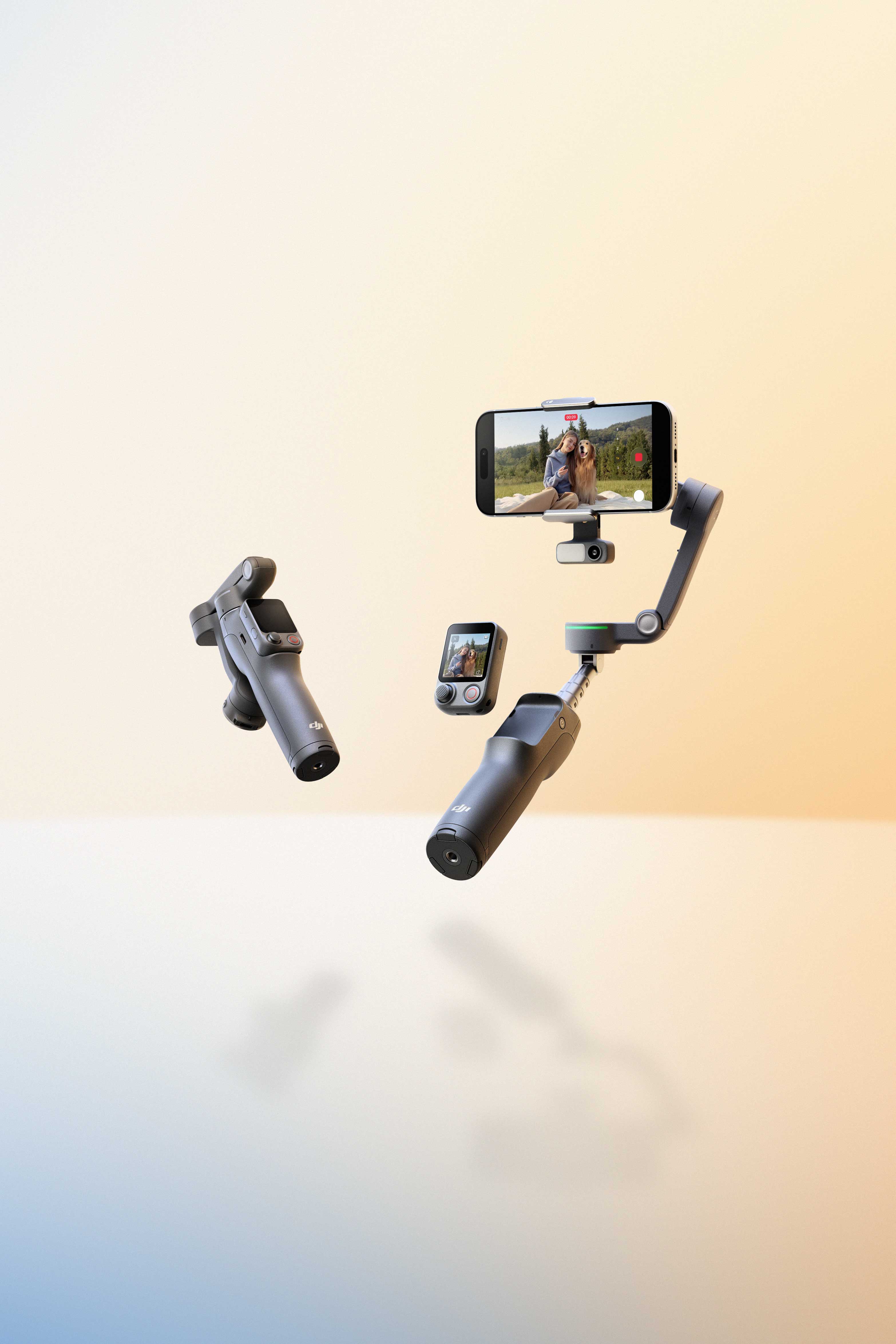 DJI Osmo Mobile 8P Smartphone gimbal stabilizer with phone displaying a video in mid-air.