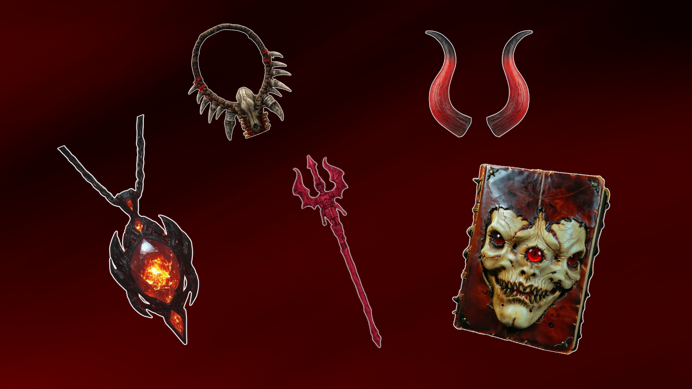 Demon cosplay accessories and props including horns, chains, spellbooks, and fantasy weapons for immersive dark fantasy styling