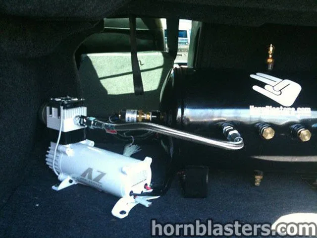 Close-up Nathan AirChime K3 horn bells mounting bracket and airlines on Frank's 2002 Maxima photo 7