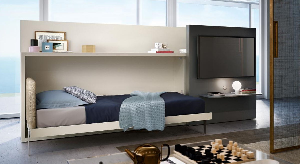 Modern Clei bedroom with a Poppi Theatre system bed, shelf, and TV unit.