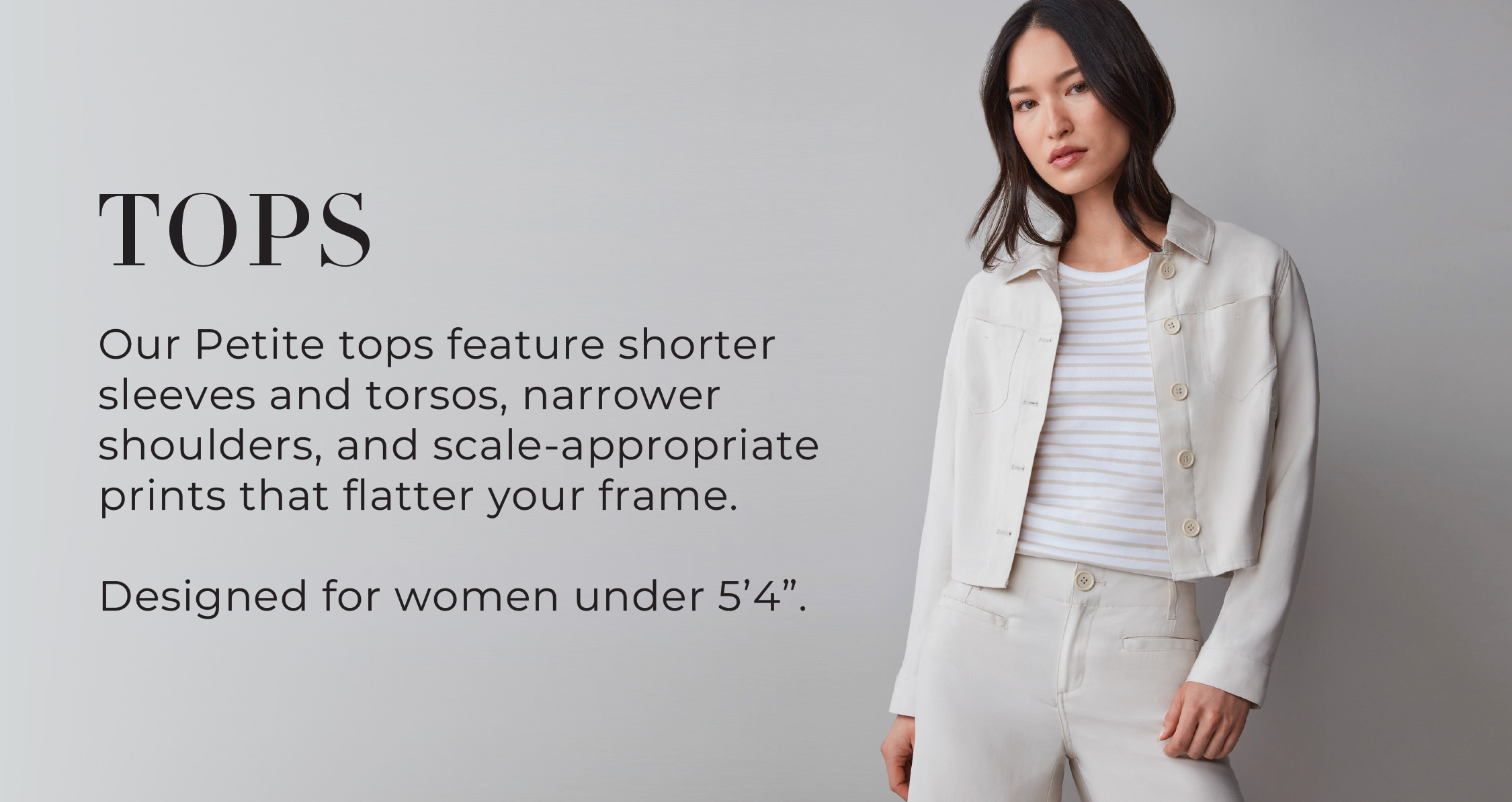 Woman in stylish outfit, promoting petite tops for women under 5'5