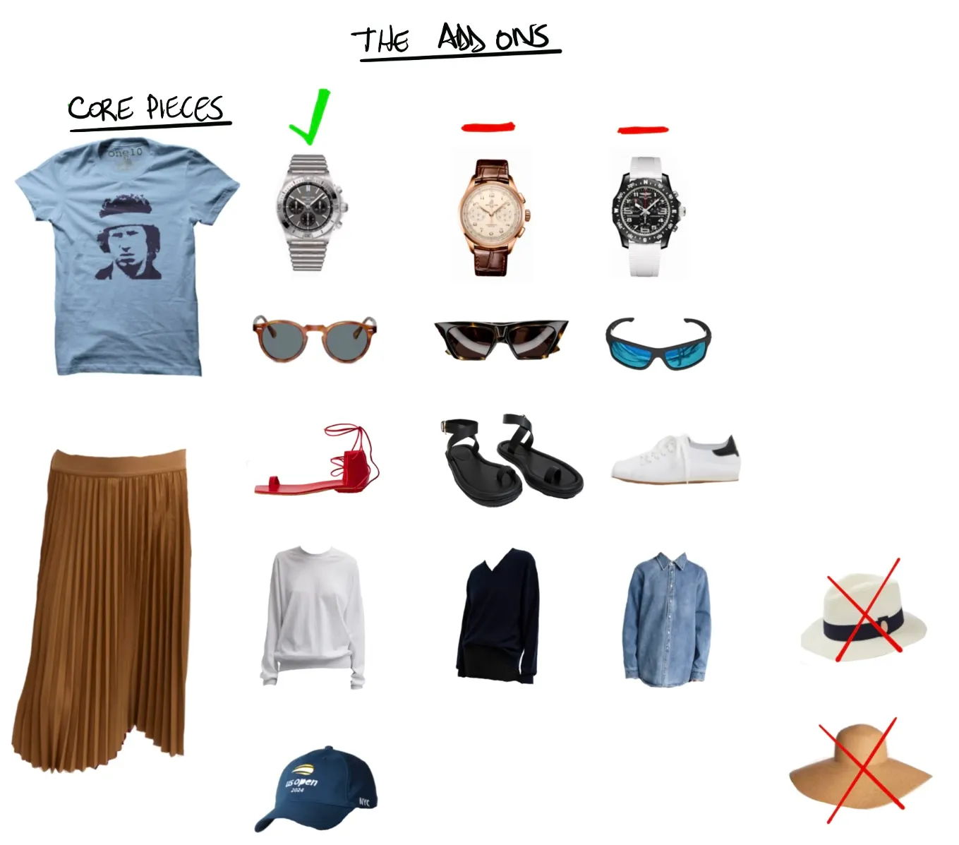Clothing and accessories arranged for casual looks with selections marked.