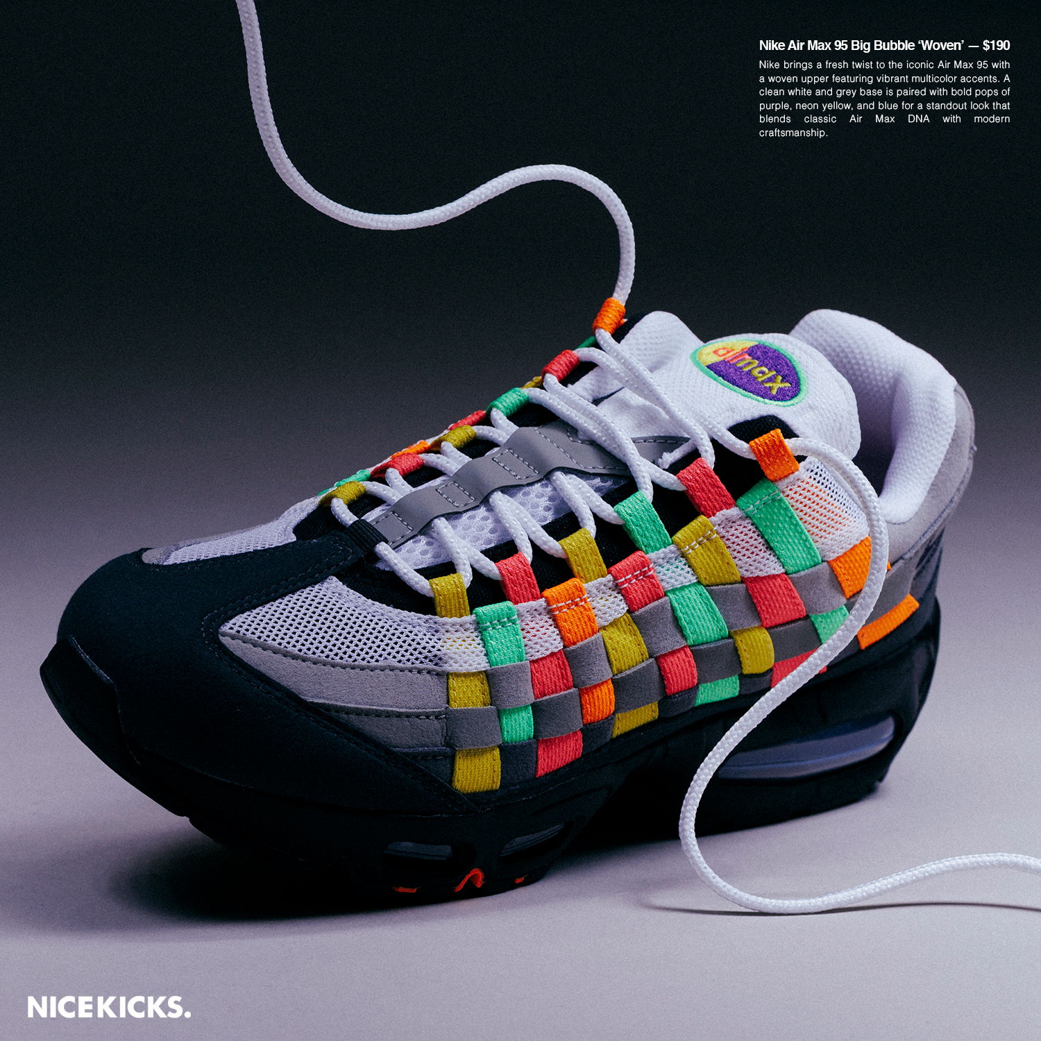 Colorful sneaker with unique lacing design against a dark background.