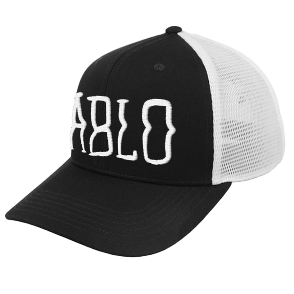 Black and white trucker cap with white 3D quilted emboridered lettering on the front