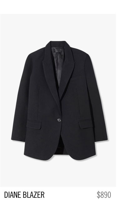Black blazer with notch lapels and two front pockets, priced at $890.