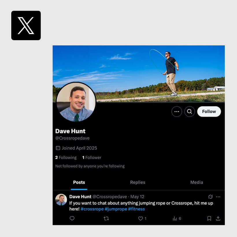 Profile of Crossrope CEO Dave Hunt with a scenic background and social media details on the X platform.