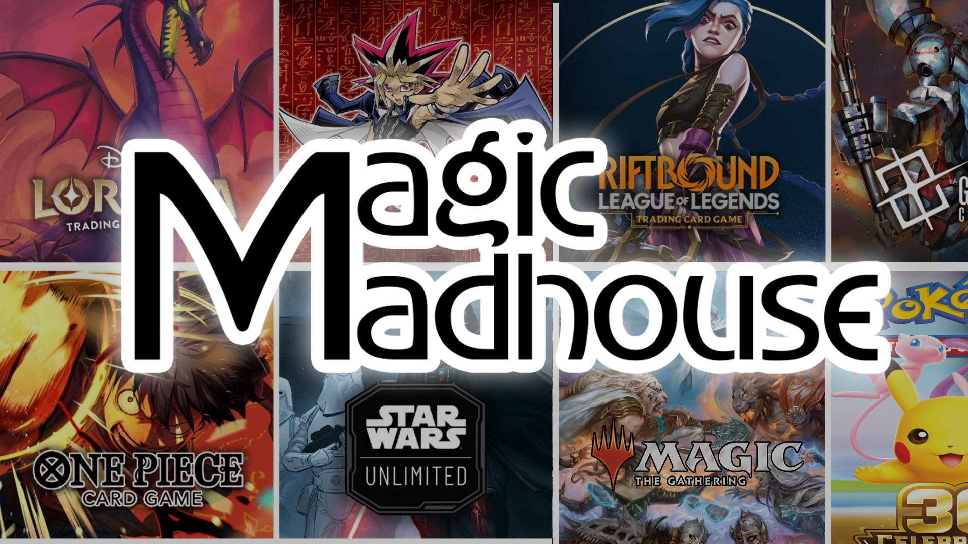 The Magic Madhouse logo imposed over a selection of several of the TCGs that we sell.