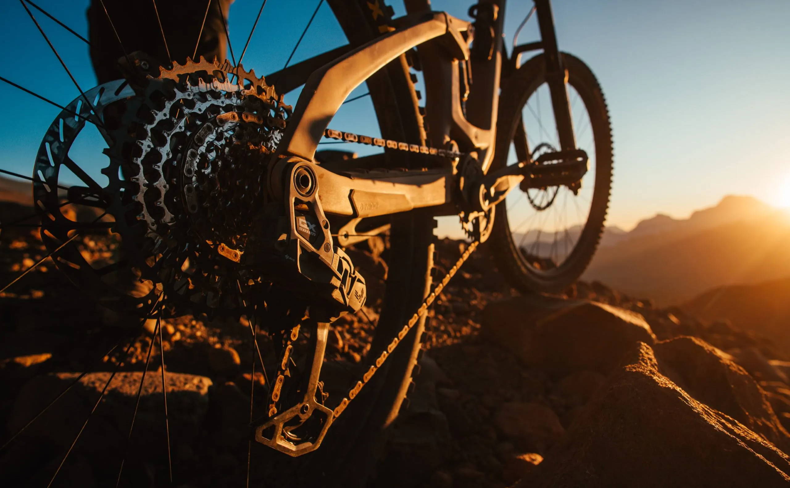 sram gx transmission on a trex fuel mountain bike in golden hour