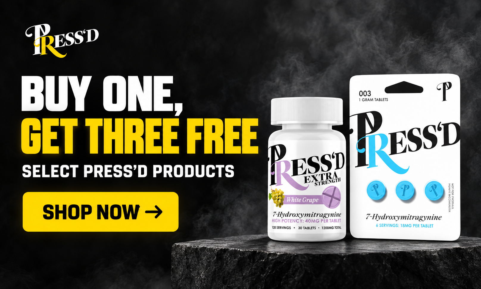 Promotional banner for PRESS'D products: Buy one, get three free.