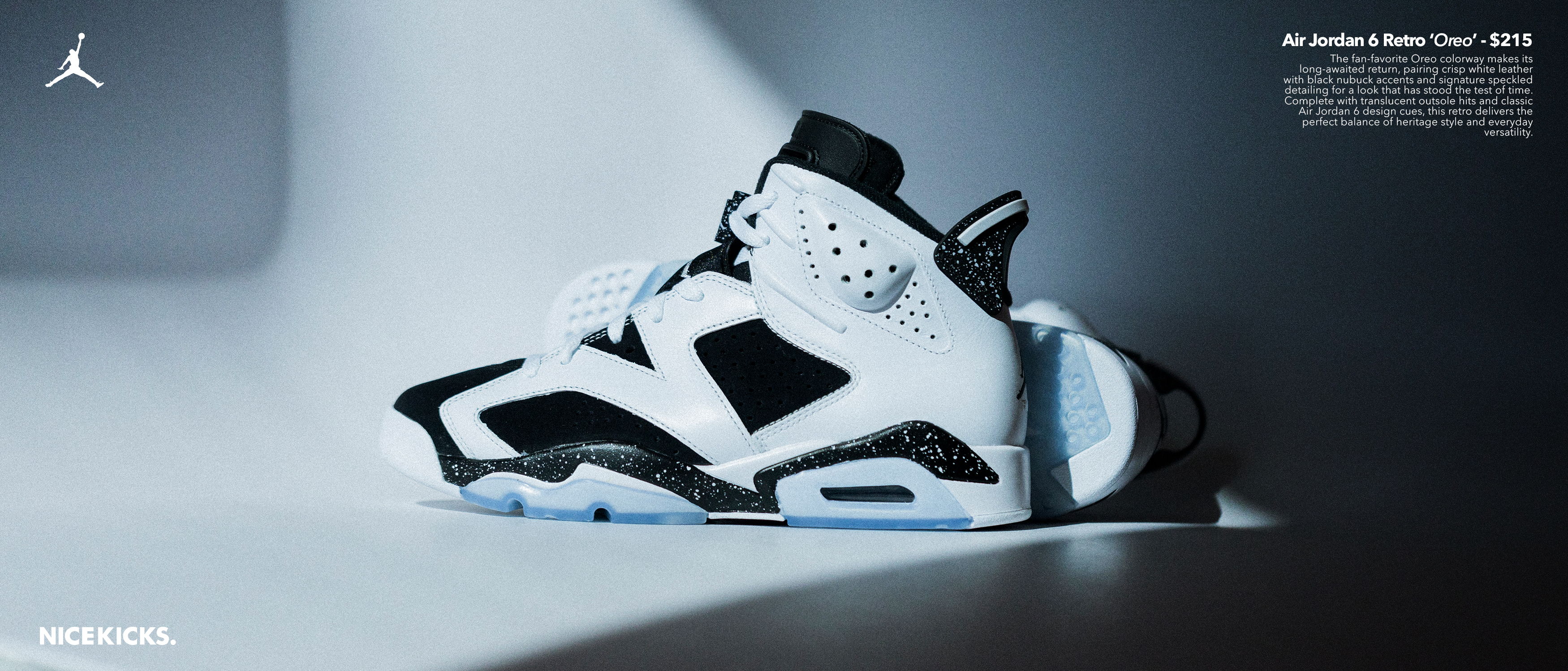 Air Jordan 6 sneakers in white and black colorway on a minimalist background.