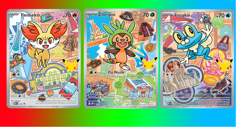 Pokemon first partners illustration collection series 3 - Three colorful Pokémon cards featuring Fennekin, Chespin, and Froakie in playful poses.