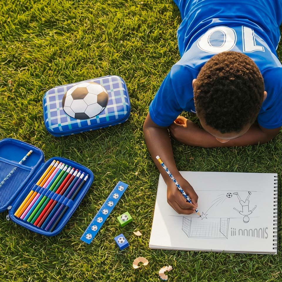 Child drawing on grass with colored pencils and soccer-themed supplies nearby.