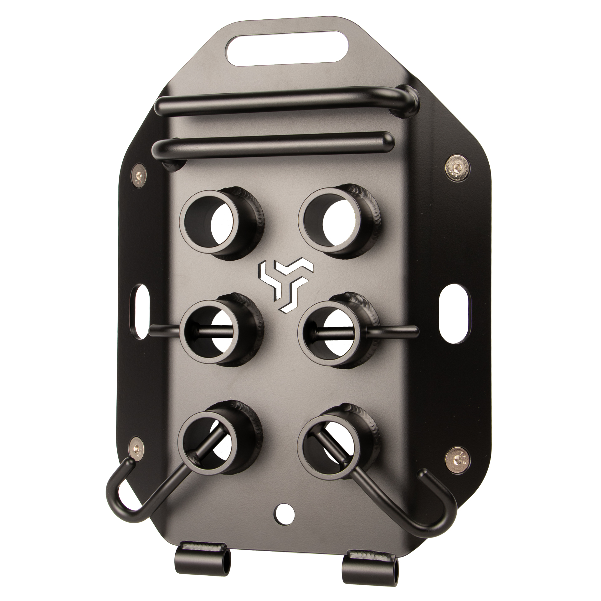 Black metal gear rack with six attachment points and a handle at the top.